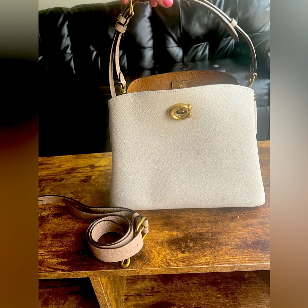 Coach Willow Pebbled Leather Top Handle Tote in Chalk and Tan